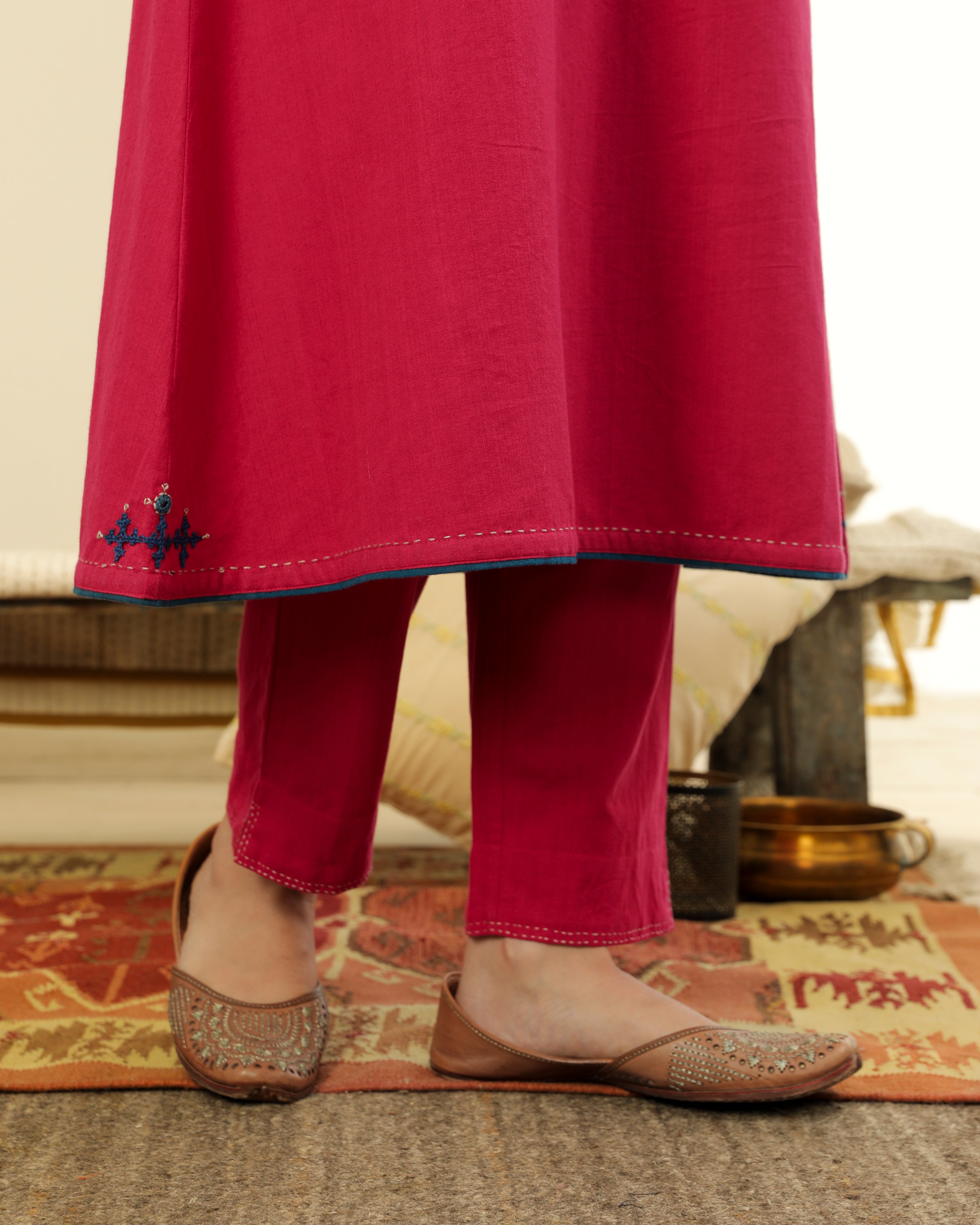 Ruhani Magenta Front-Yoke Cotton Kurta With Sindhi Hand Embroidery