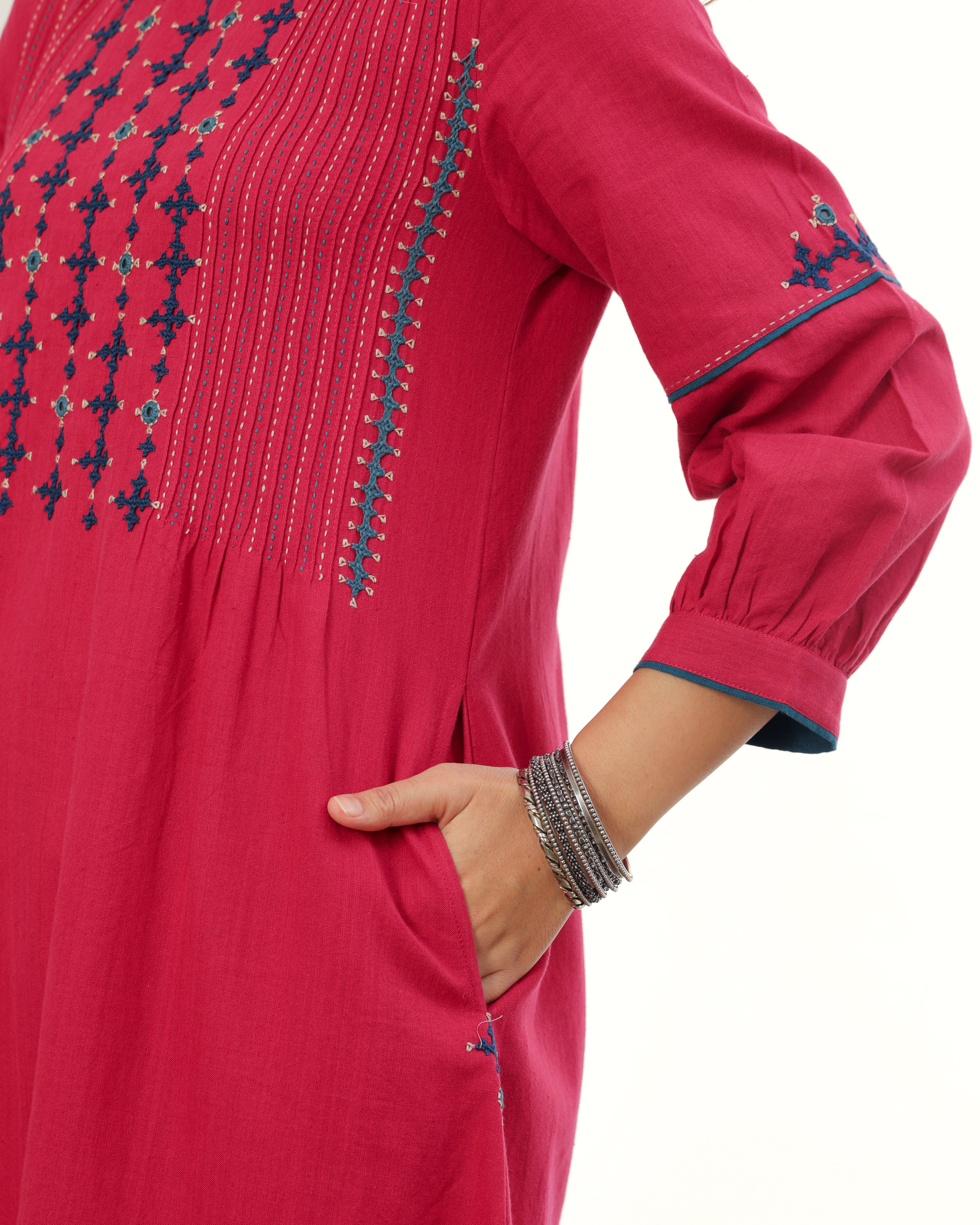 Ruhani Magenta Front-Yoke Cotton Kurta With Sindhi Hand Embroidery