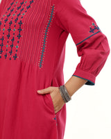 Ruhani Magenta Front-Yoke Cotton Kurta With Sindhi Hand Embroidery