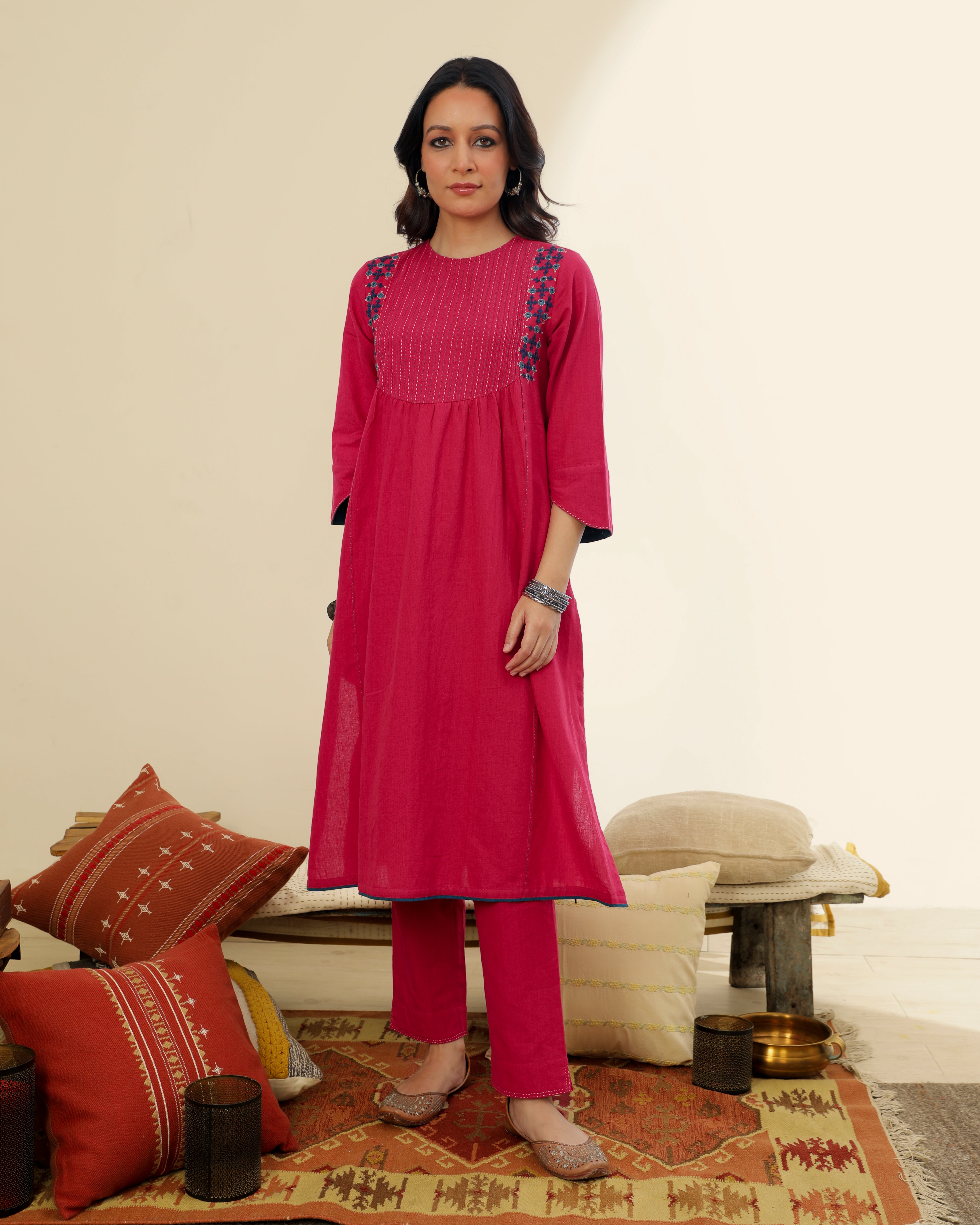 Ruhani Magenta Pintuck Cotton Kurta With Sindhi Hand Embroidery