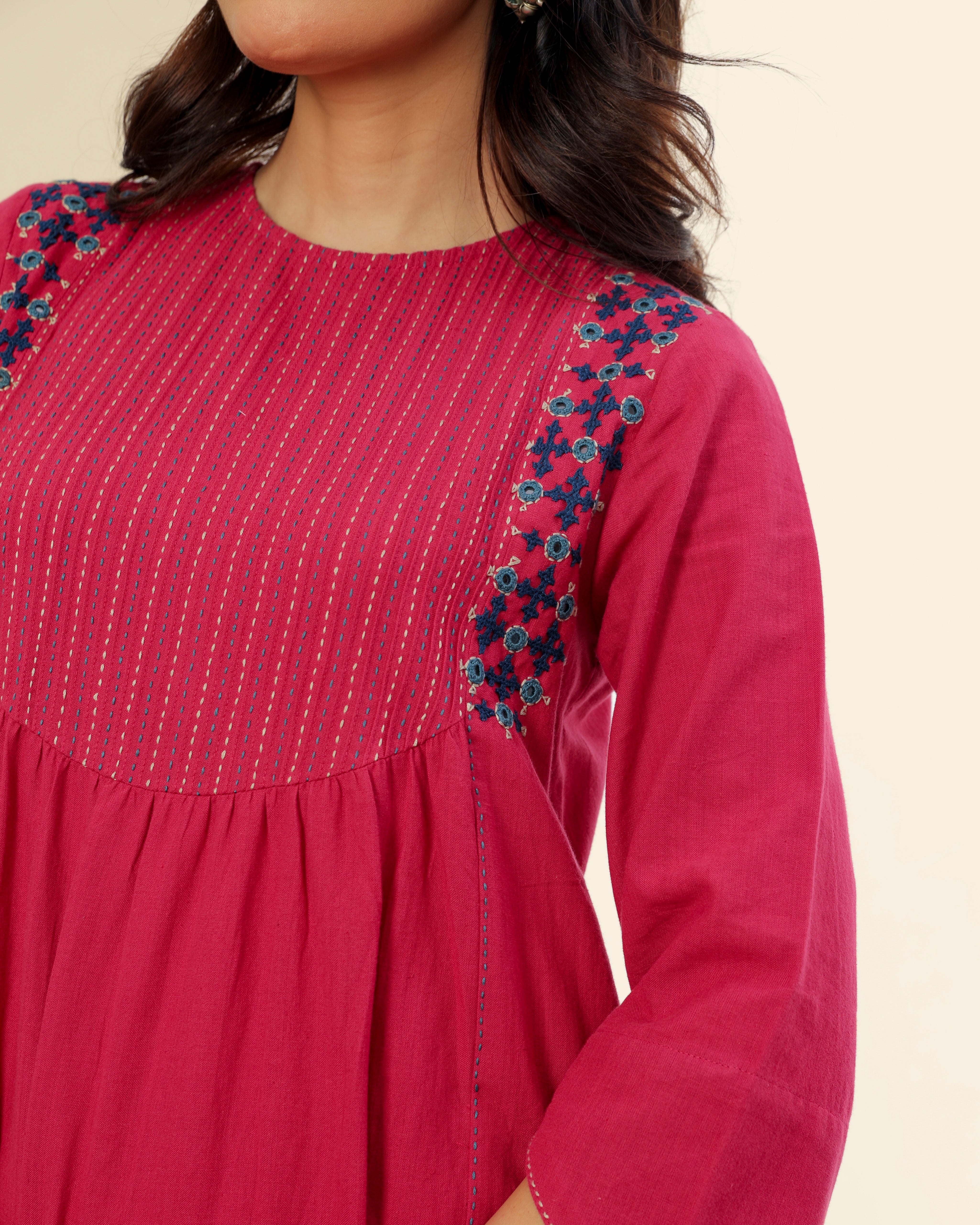 Ruhani Magenta Pintuck Cotton Kurta With Sindhi Hand Embroidery
