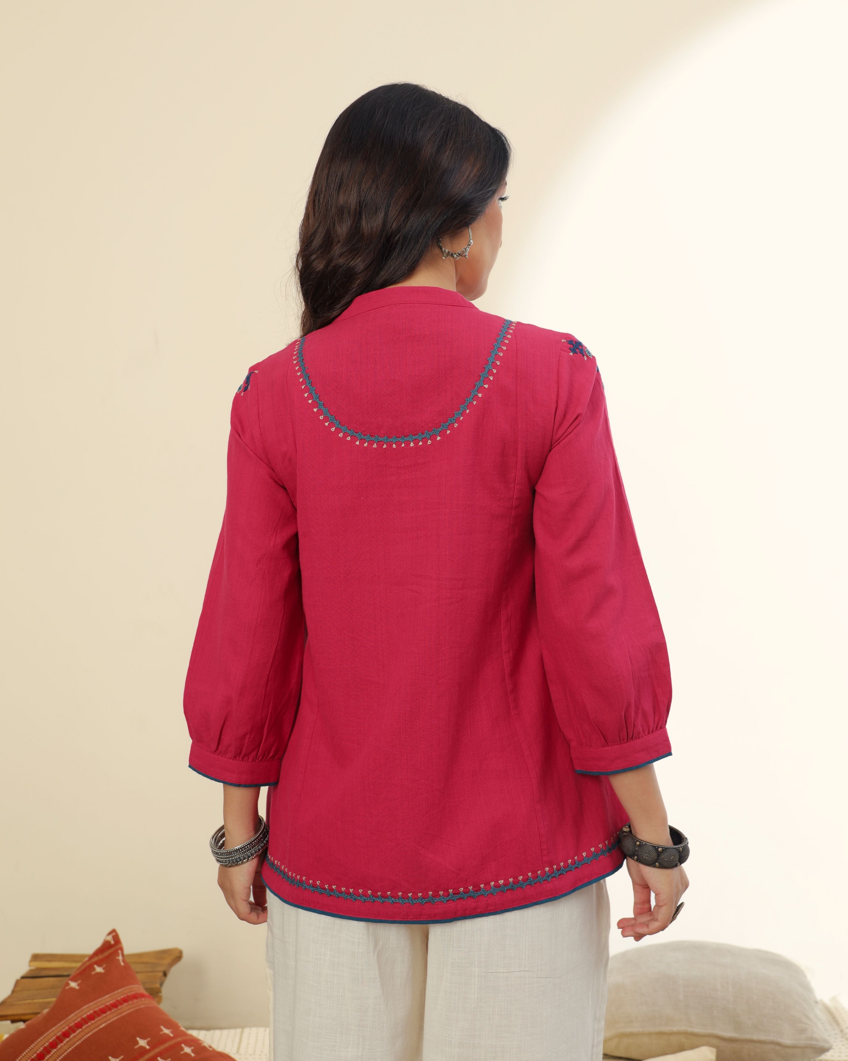 Ruhani Magenta Pintuck Cotton Top With Sindhi Hand Embroidery