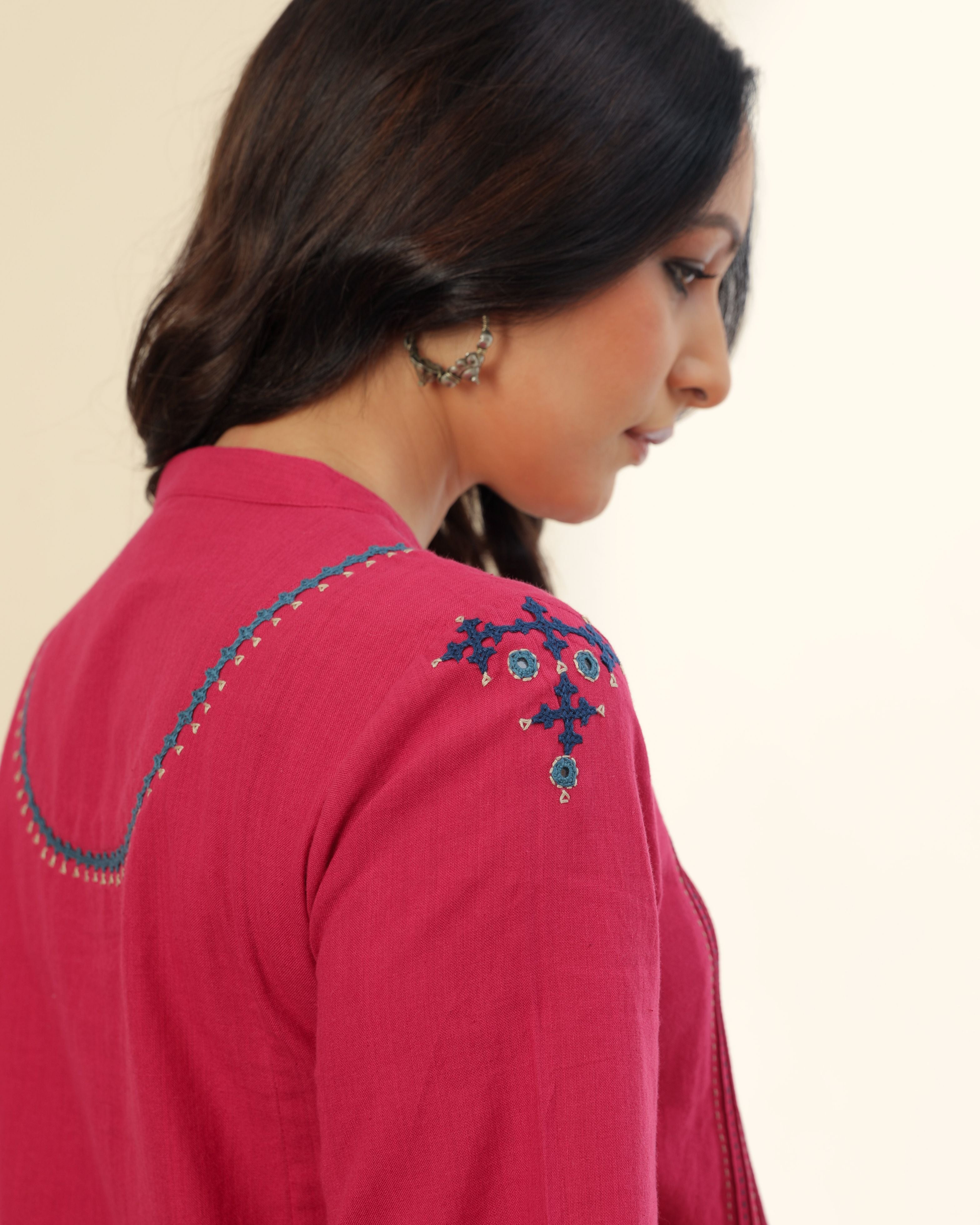 Ruhani Magenta Pintuck Cotton Top With Sindhi Hand Embroidery