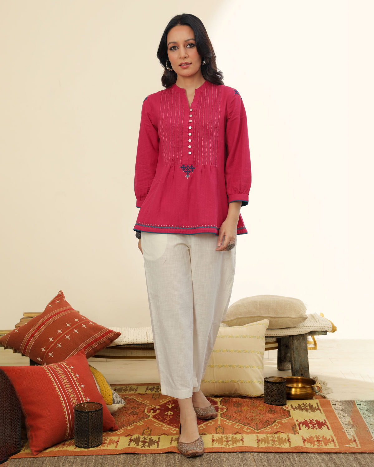 Ruhani Magenta Pintuck Cotton Top With Sindhi Hand Embroidery