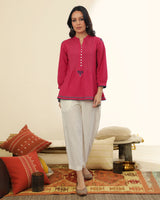 Ruhani Magenta Pintuck Cotton Top With Sindhi Hand Embroidery
