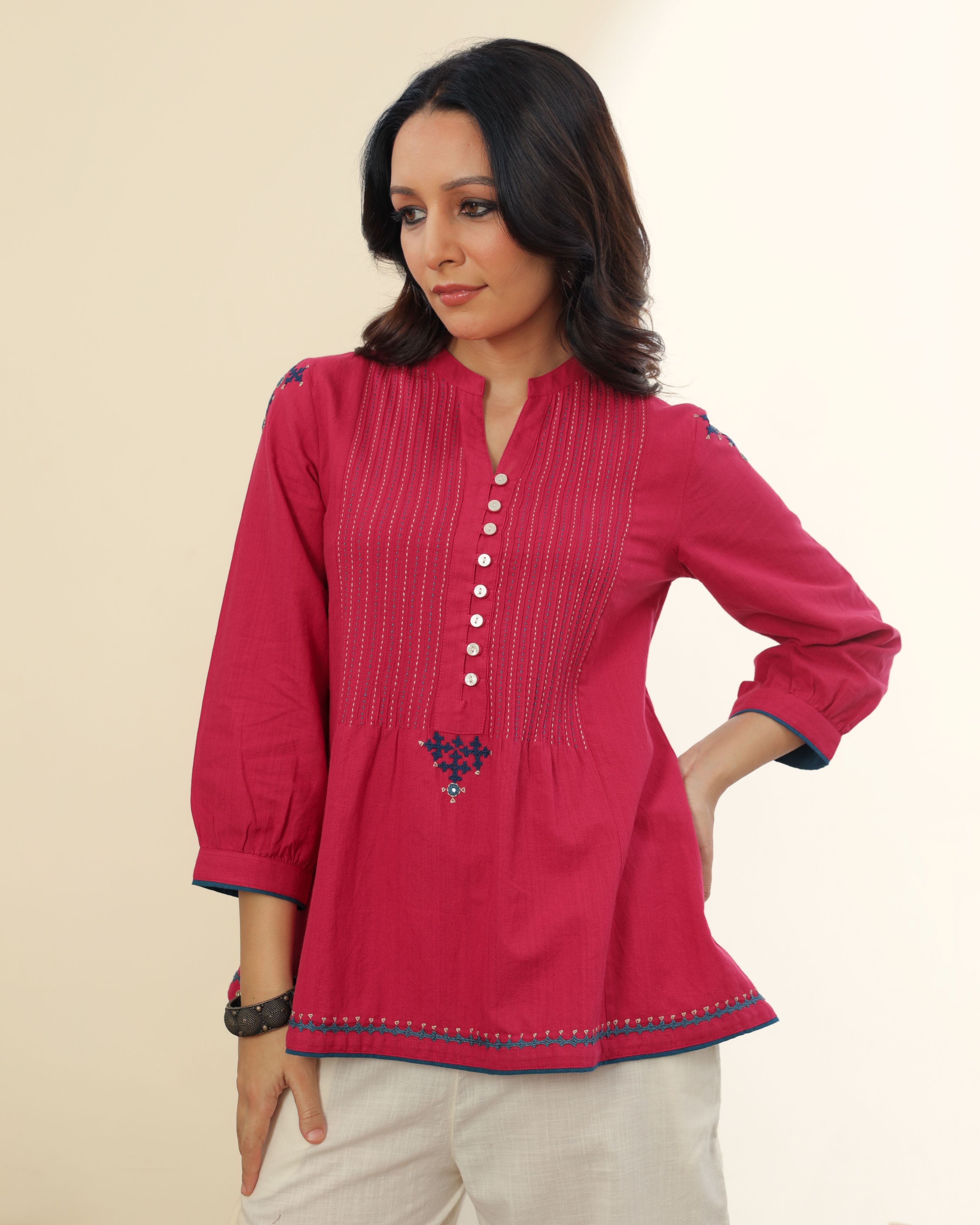 Ruhani Magenta Pintuck Cotton Top With Sindhi Hand Embroidery