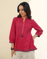 Ruhani Magenta Pintuck Cotton Top With Sindhi Hand Embroidery