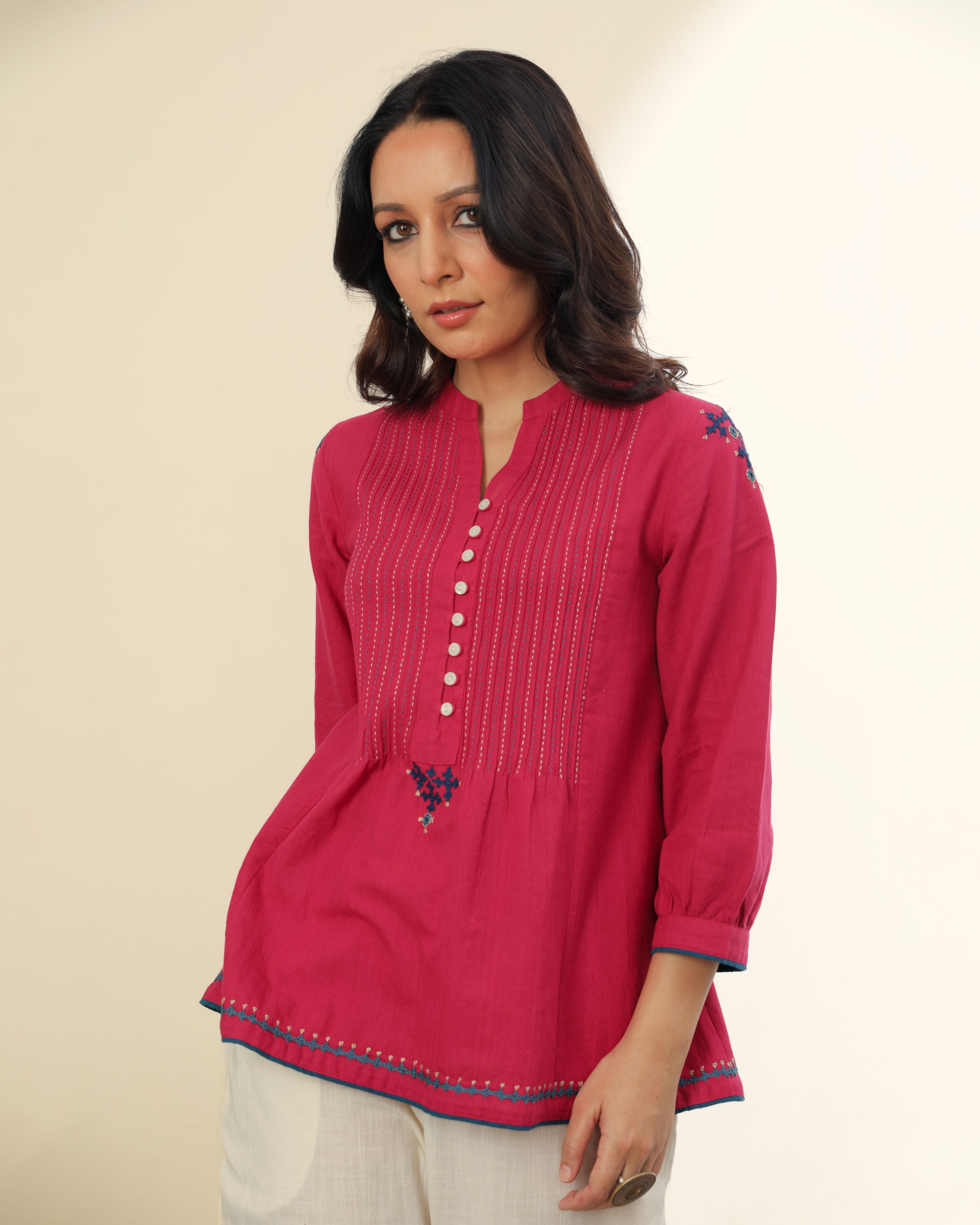 Ruhani Magenta Pintuck Cotton Top With Sindhi Hand Embroidery