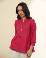 Ruhani Magenta Pintuck Cotton Top With Sindhi Hand Embroidery