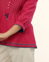 Ruhani Magenta Pintuck Cotton Top With Sindhi Hand Embroidery