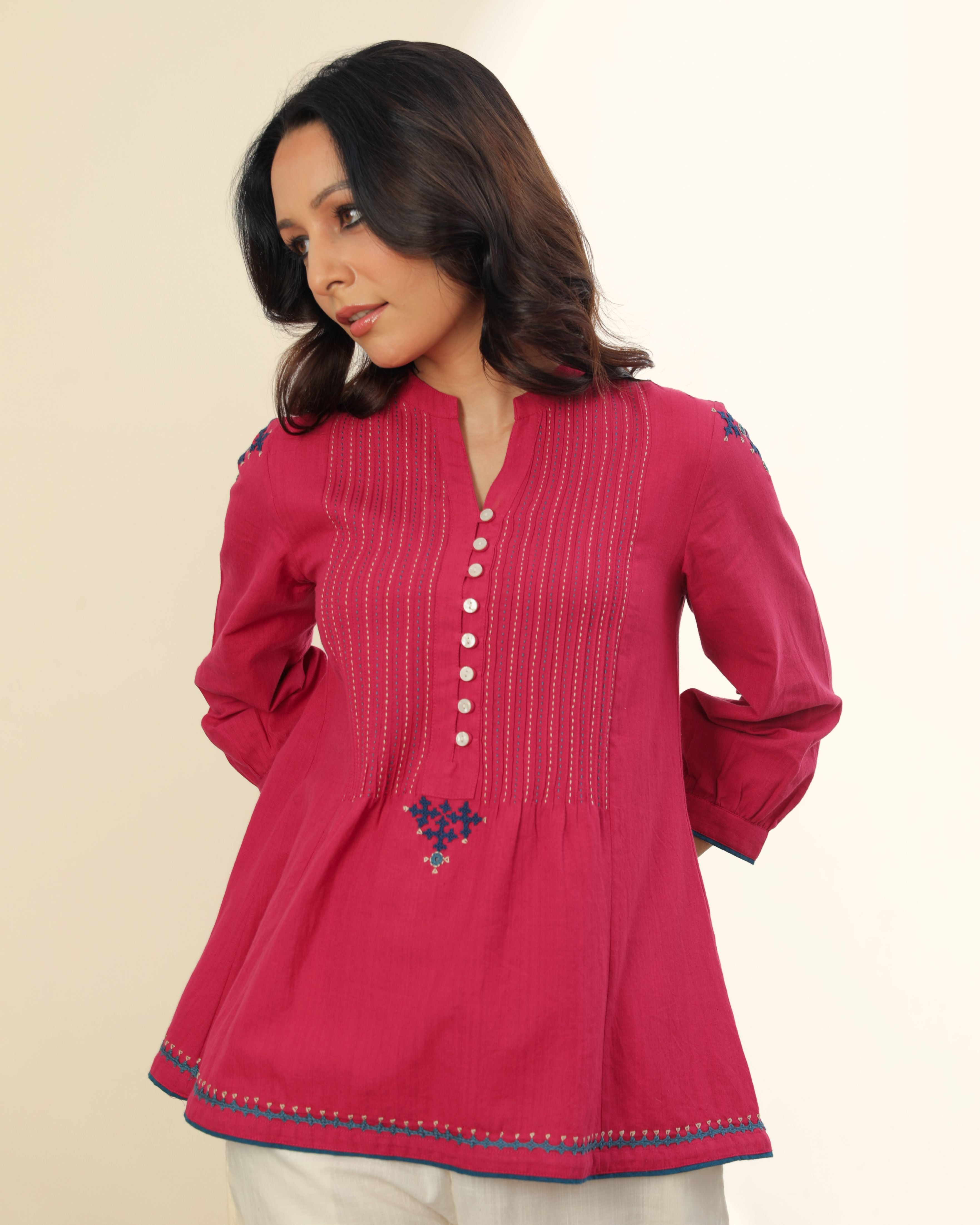 Ruhani Magenta Pintuck Cotton Top With Sindhi Hand Embroidery