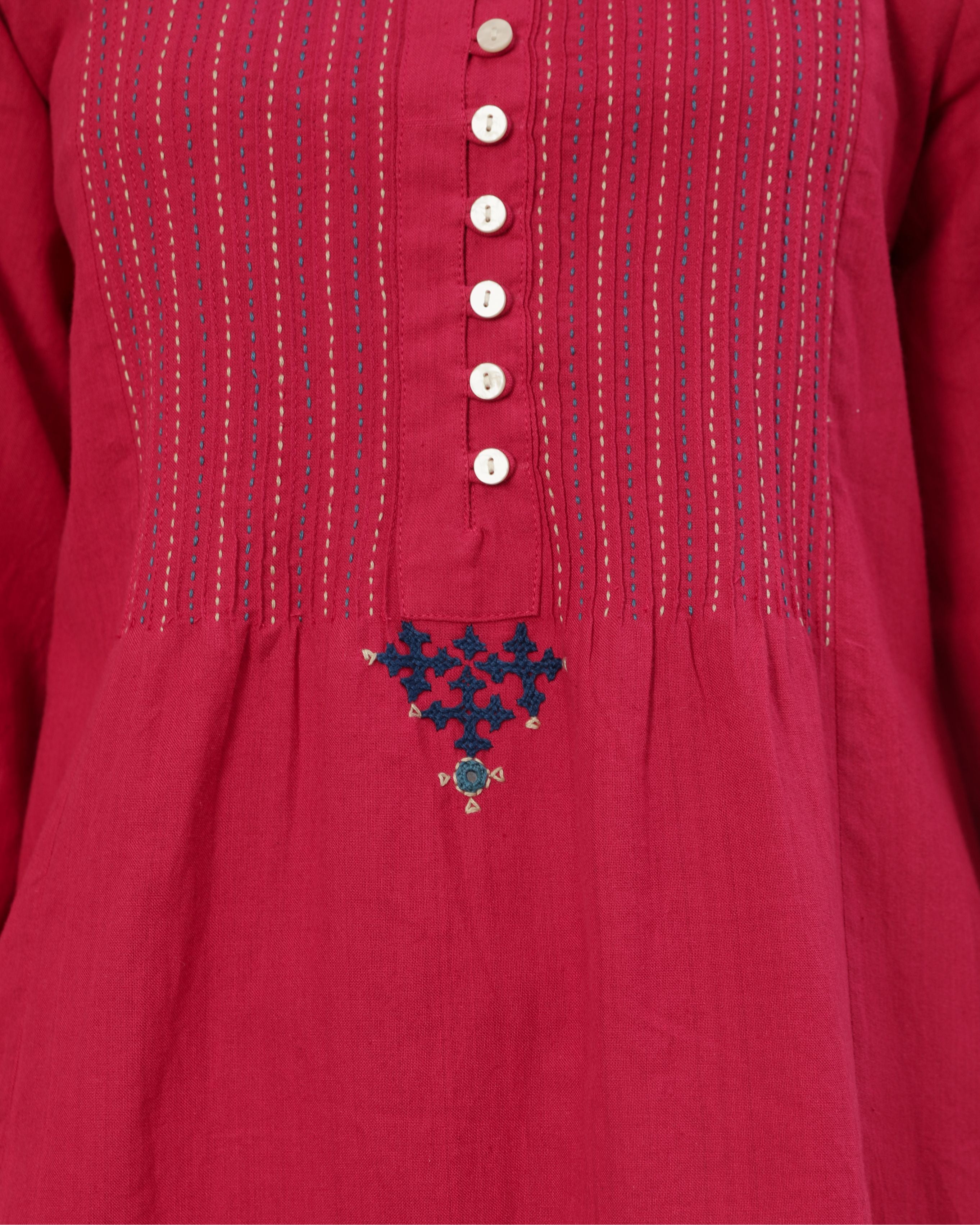 Ruhani Magenta Pintuck Cotton Top With Sindhi Hand Embroidery