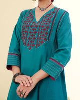 Ruhani Teal Pintuck Cotton Kurta With Sindhi Hand Embroidery