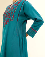 Ruhani Teal Pintuck Cotton Kurta With Sindhi Hand Embroidery