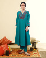 Ruhani Teal Pintuck Cotton Kurta With Sindhi Hand Embroidery