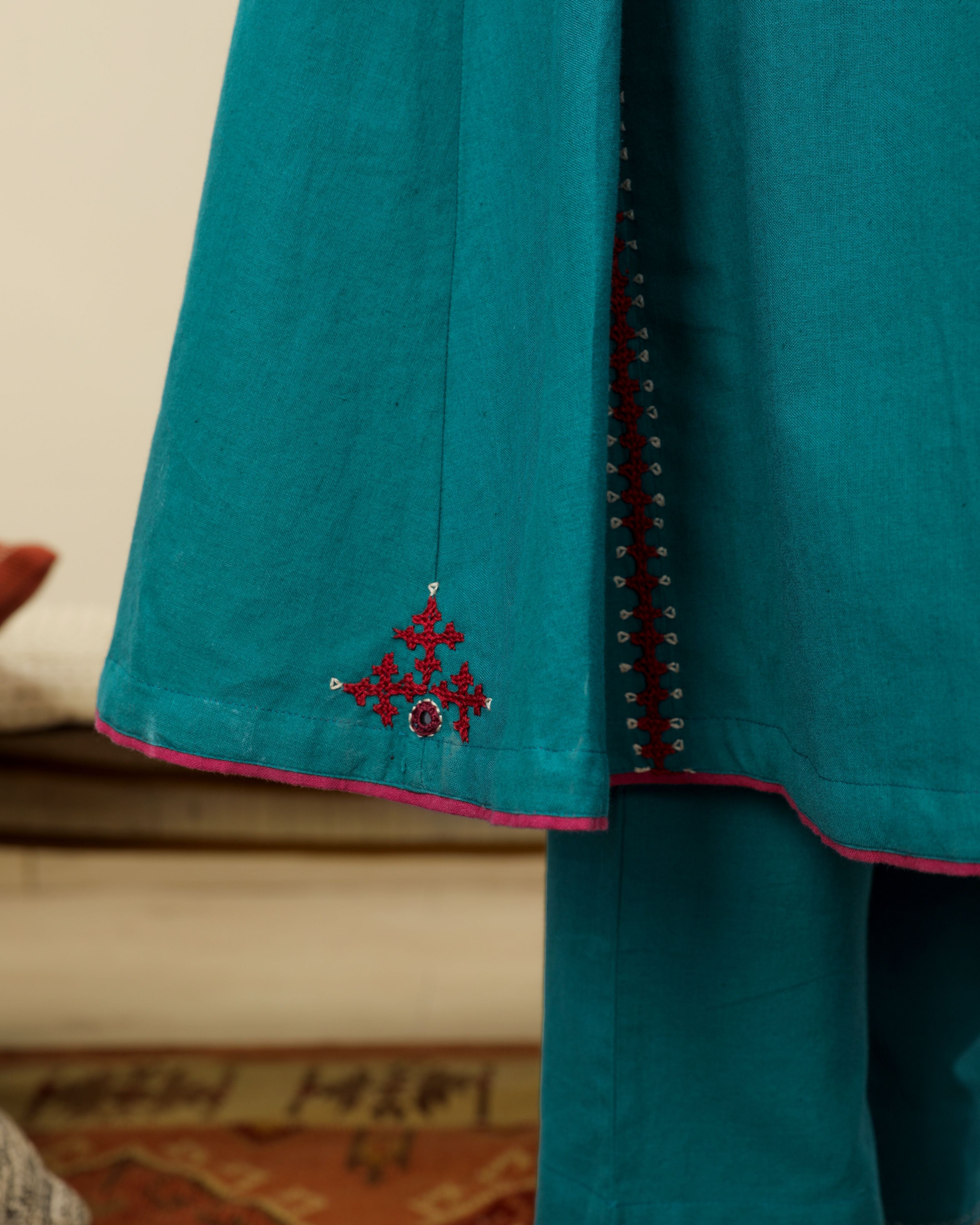 Ruhani Teal Front-Yoke Cotton Kurta With Sindhi Hand Embroidery
