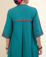 Ruhani Teal Front-Yoke Cotton Kurta With Sindhi Hand Embroidery