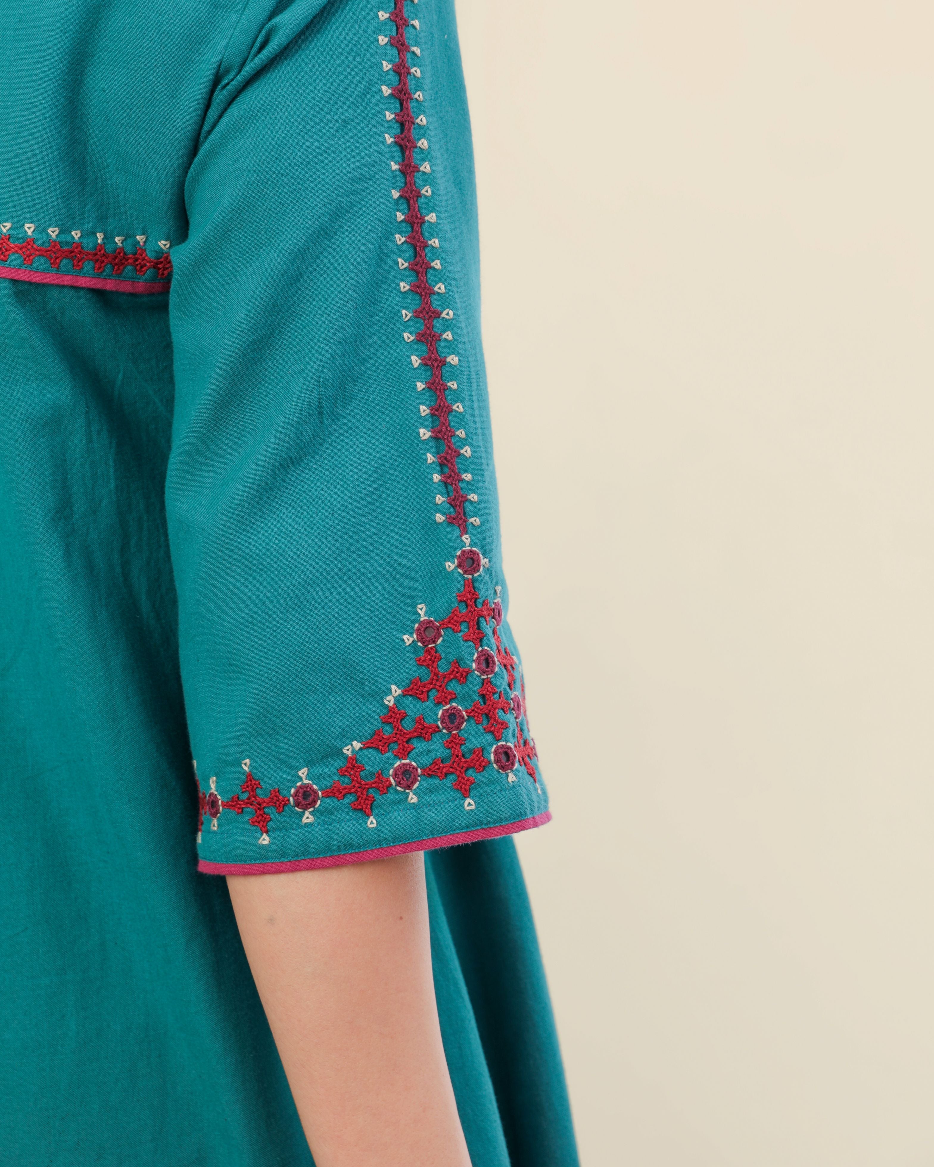 Ruhani Teal Front-Yoke Cotton Kurta With Sindhi Hand Embroidery