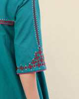 Ruhani Teal Front-Yoke Cotton Kurta With Sindhi Hand Embroidery