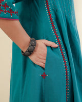 Ruhani Teal Front-Yoke Cotton Kurta With Sindhi Hand Embroidery