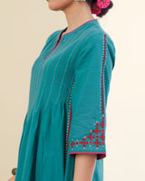 Ruhani Teal Front-Yoke Cotton Kurta With Sindhi Hand Embroidery