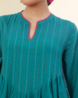 Ruhani Teal Front-Yoke Cotton Kurta With Sindhi Hand Embroidery