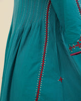 Ruhani Teal Front-Yoke Cotton Kurta With Sindhi Hand Embroidery