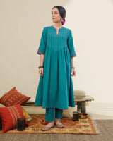 Ruhani Teal Front-Yoke Cotton Kurta With Sindhi Hand Embroidery