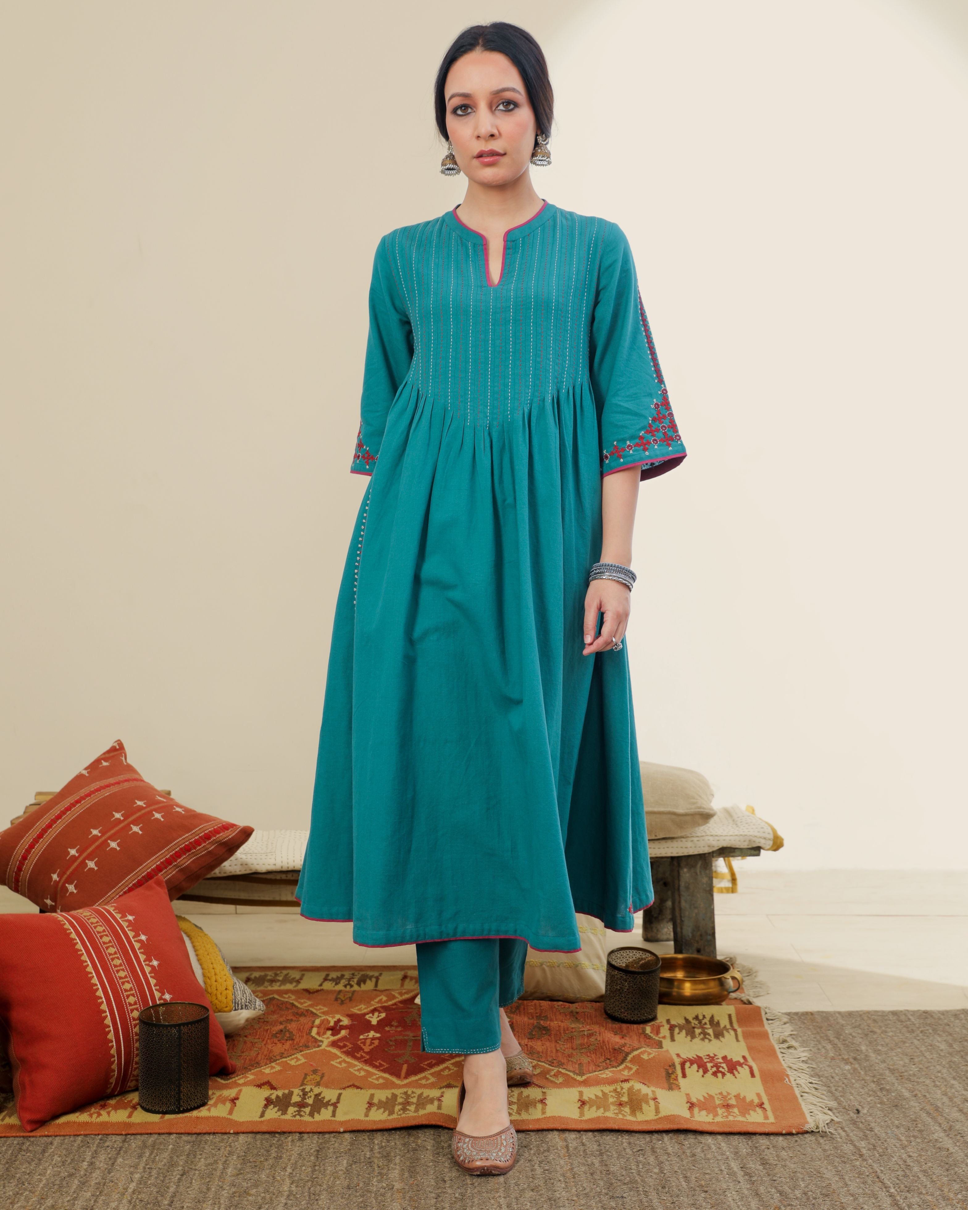 Ruhani Teal Front-Yoke Cotton Kurta With Sindhi Hand Embroidery