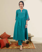Ruhani Teal Front-Yoke Cotton Kurta With Sindhi Hand Embroidery