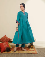 Ruhani Teal Front-Yoke Cotton Kurta With Sindhi Hand Embroidery