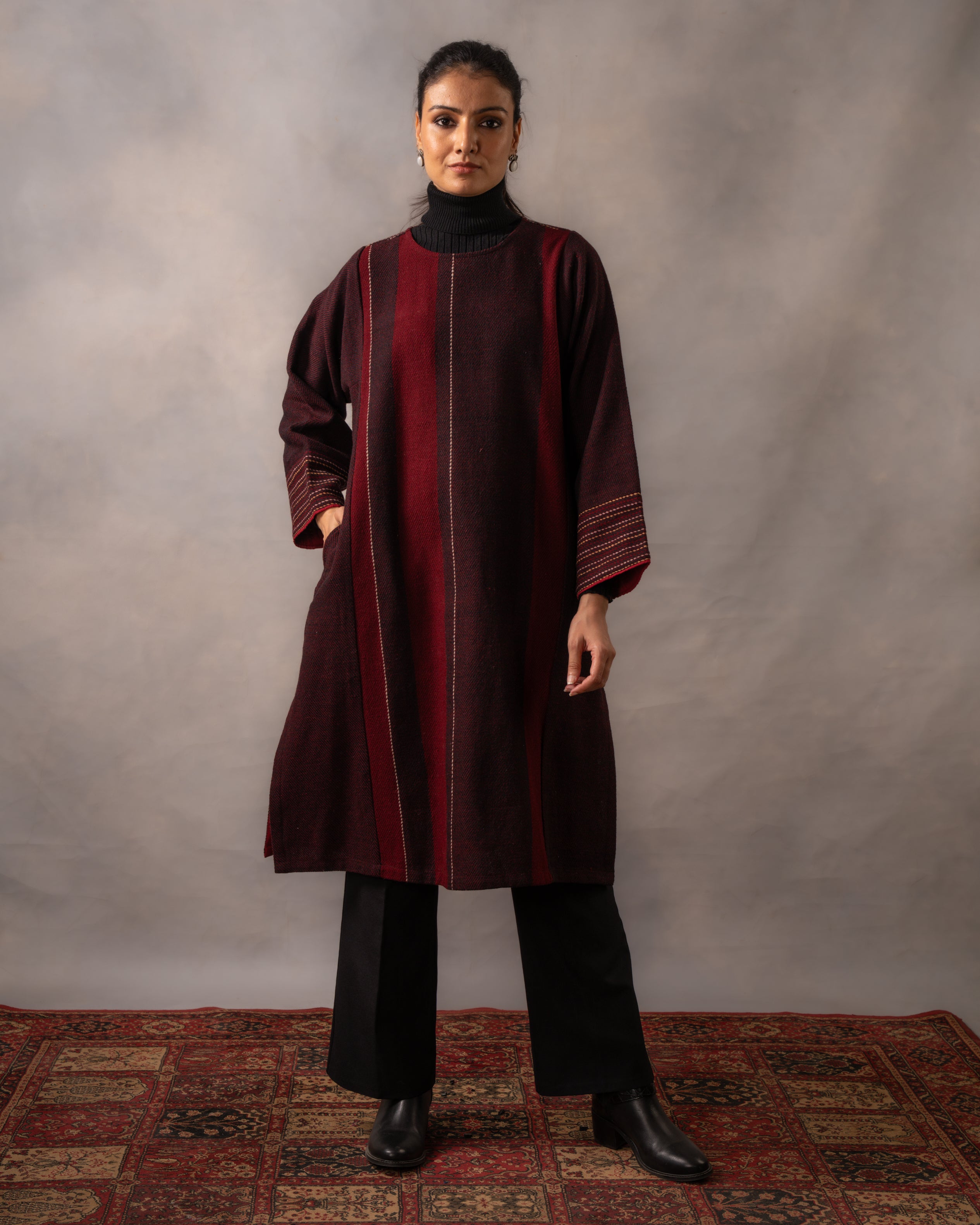 Gurez Burgandy Stripe Handwoven Woolen Phiran