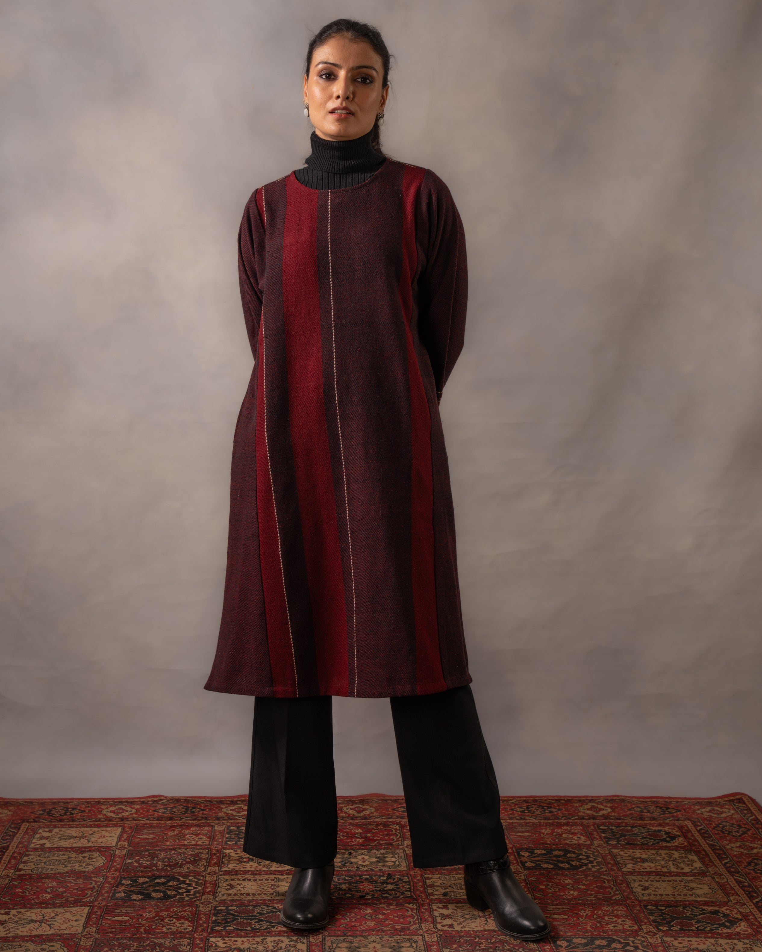 Gurez Burgandy Stripe Handwoven Woolen Phiran