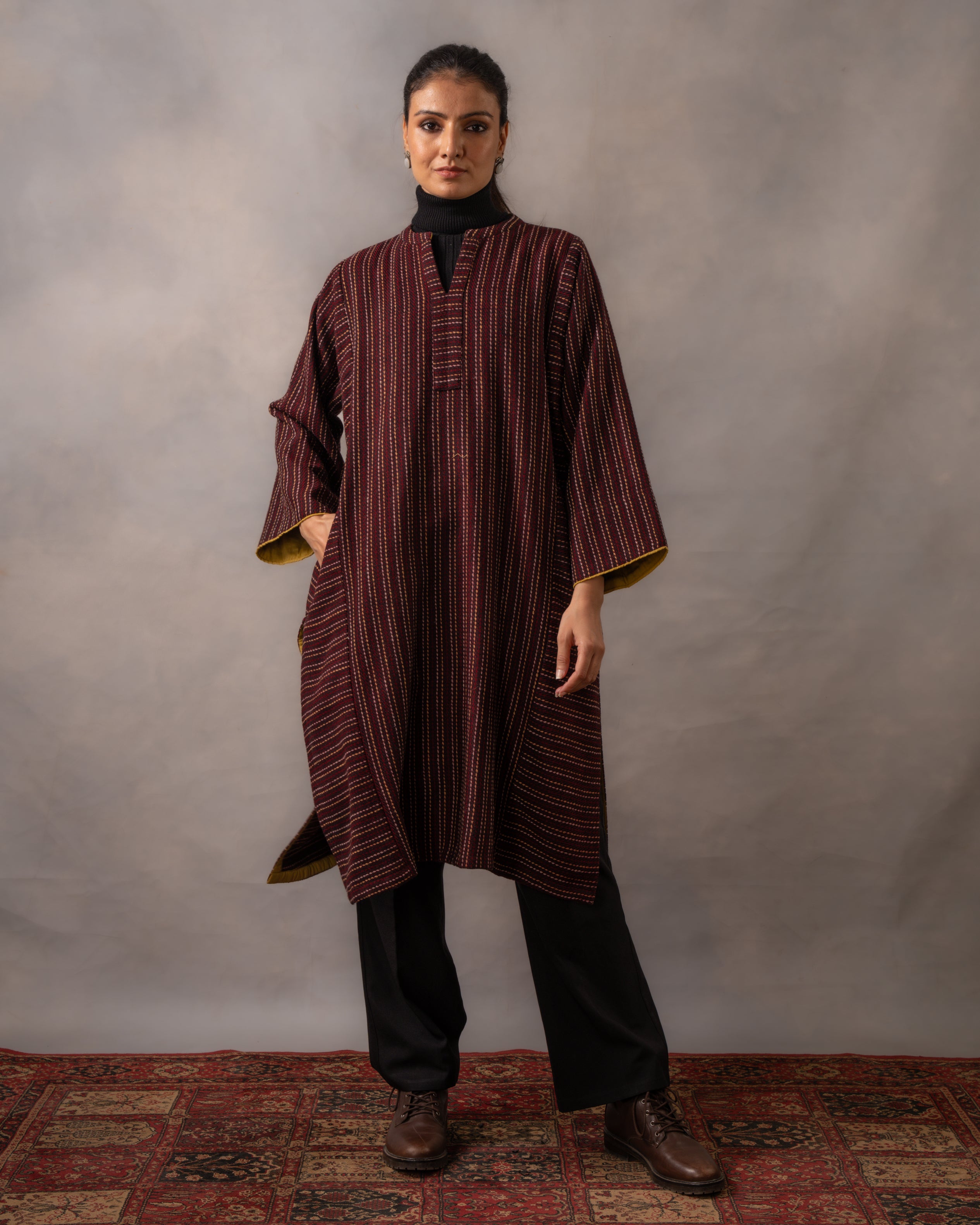 Gurez Maroon Stripe Handwoven Woolen Phiran