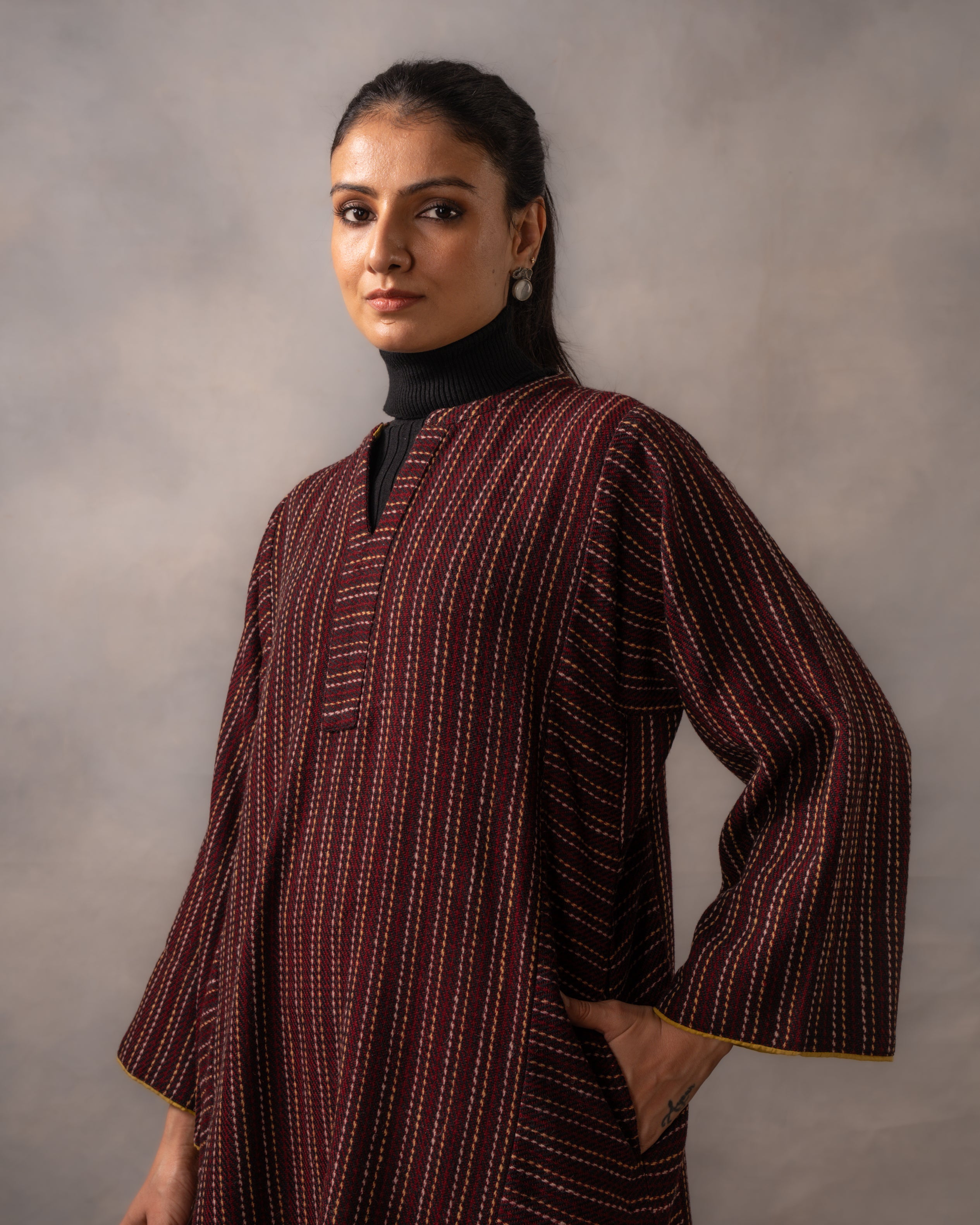 Gurez Maroon Stripe Handwoven Woolen Phiran
