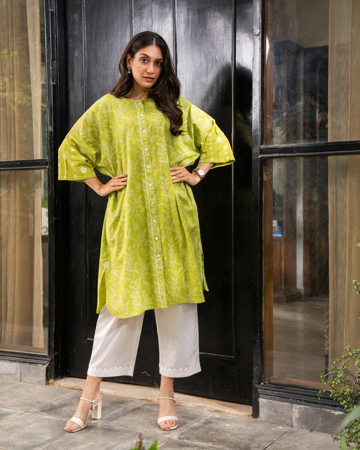 Suhani Lime Boxy-Fit Cotton Dress With Chikankari Hand Embroidery
