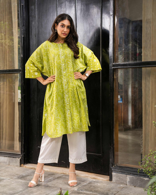 Suhani Lime Boxy-Fit Cotton Dress With Chikankari Hand Embroidery