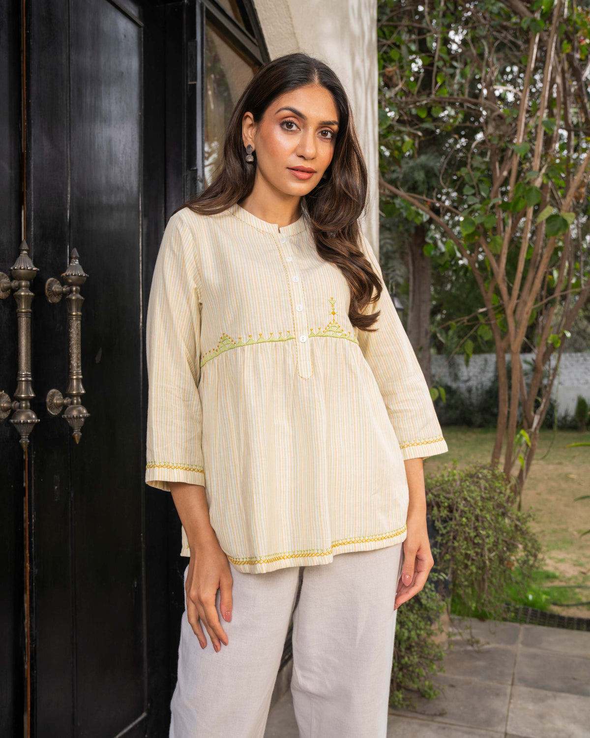 Suhani Cream Collared Cotton Top With Soof Hand Embroidery