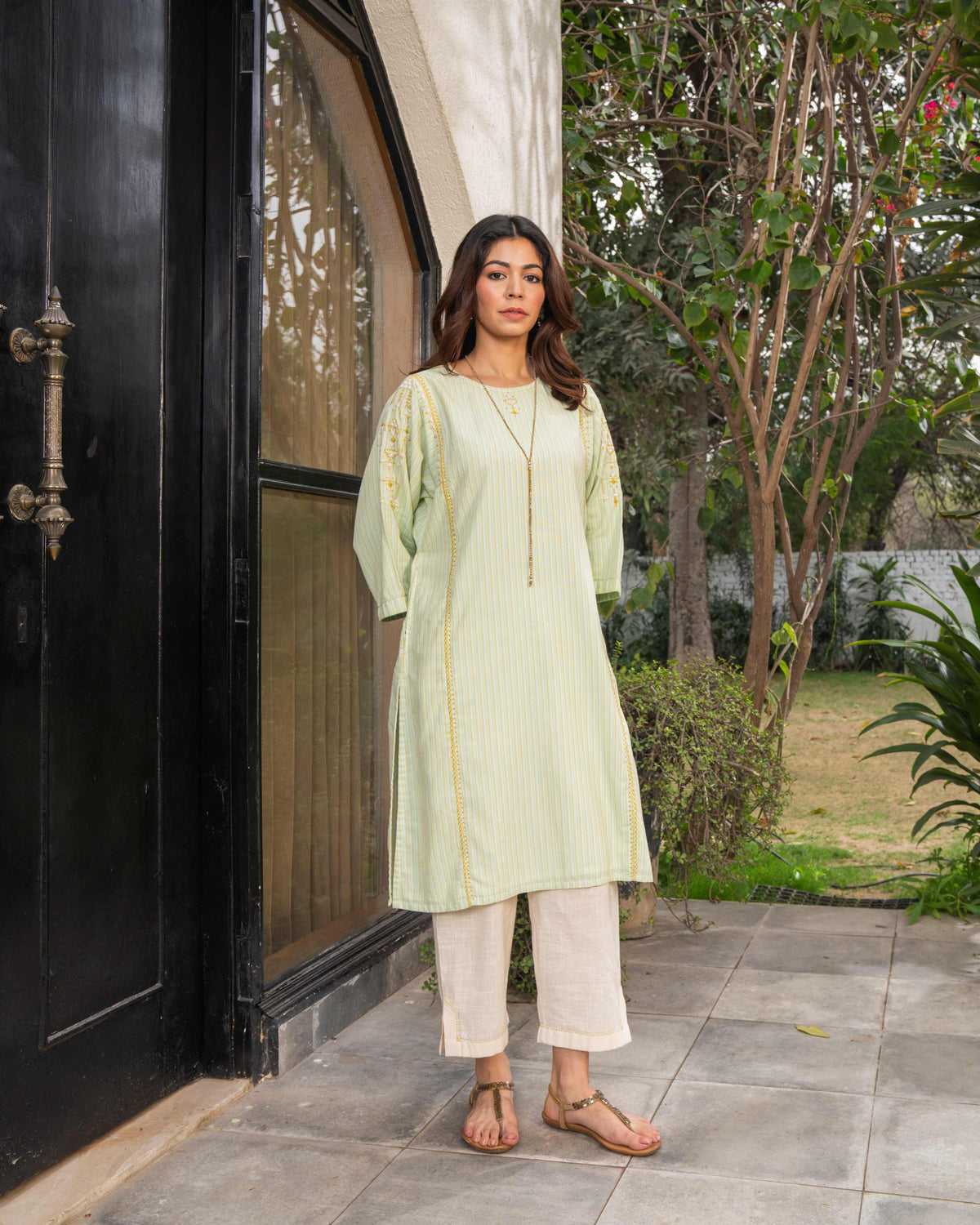 Suhani Mint A-Line Cotton Kurta With Soof Hand Embroidery