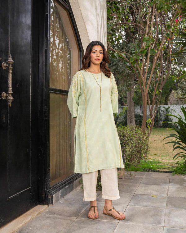 Suhani Mint A-Line Cotton Kurta With Soof Hand Embroidery