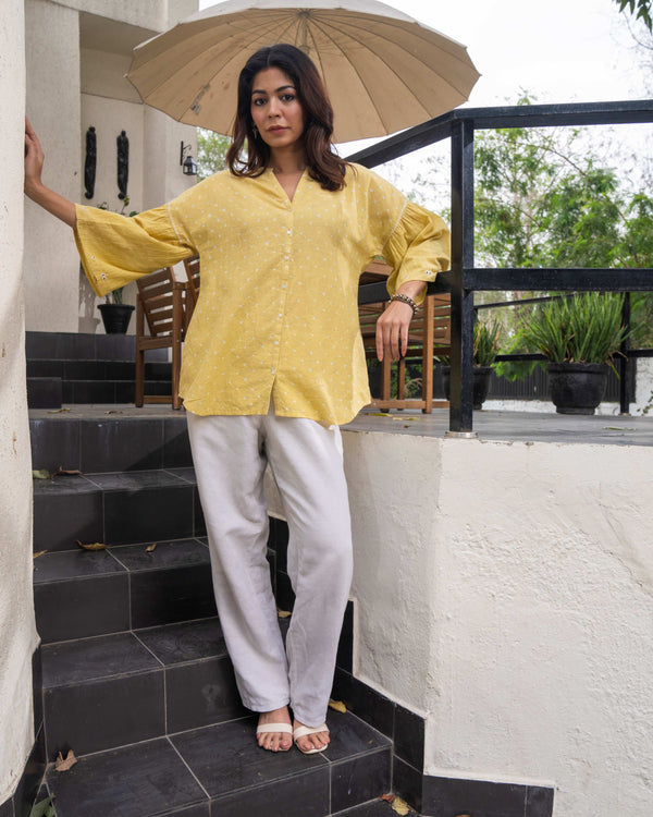 Suhani Yellow Boxy Cotton Top With Bandhej Hand Embroidery