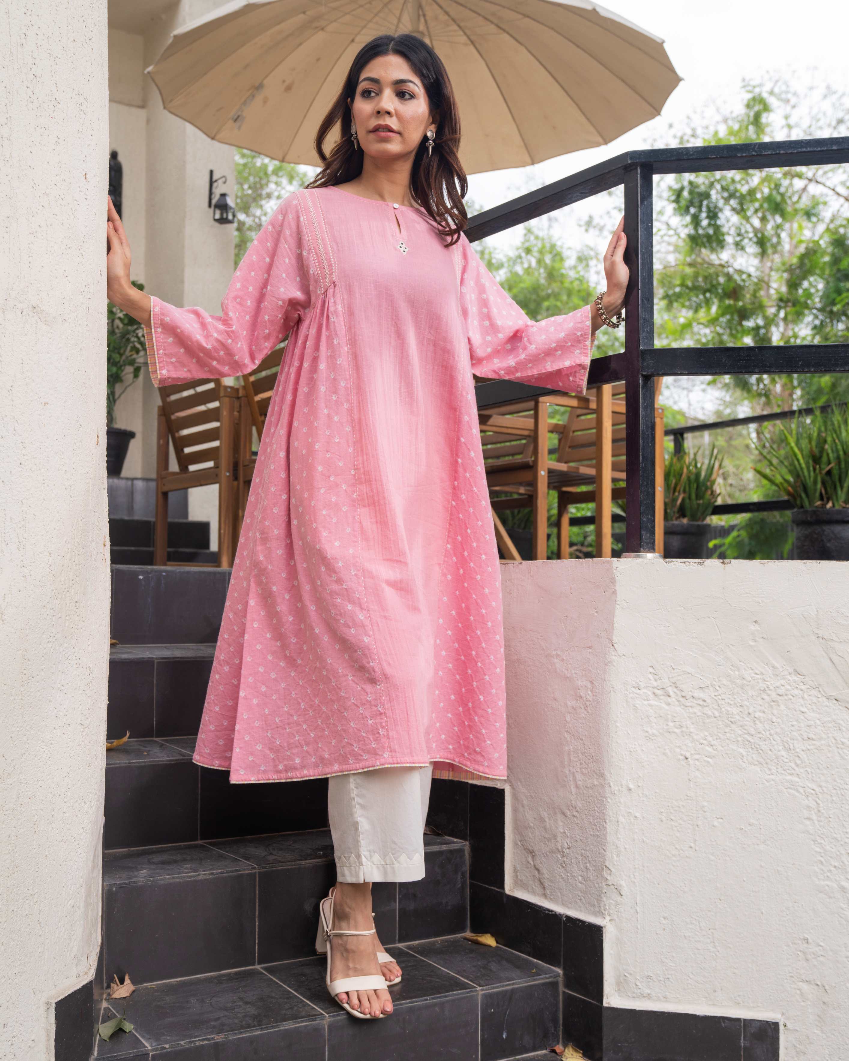 Suhani Pink Kimono-Sleeve Cotton Kurta Cum Dress With Bandhej Hand Embroidery