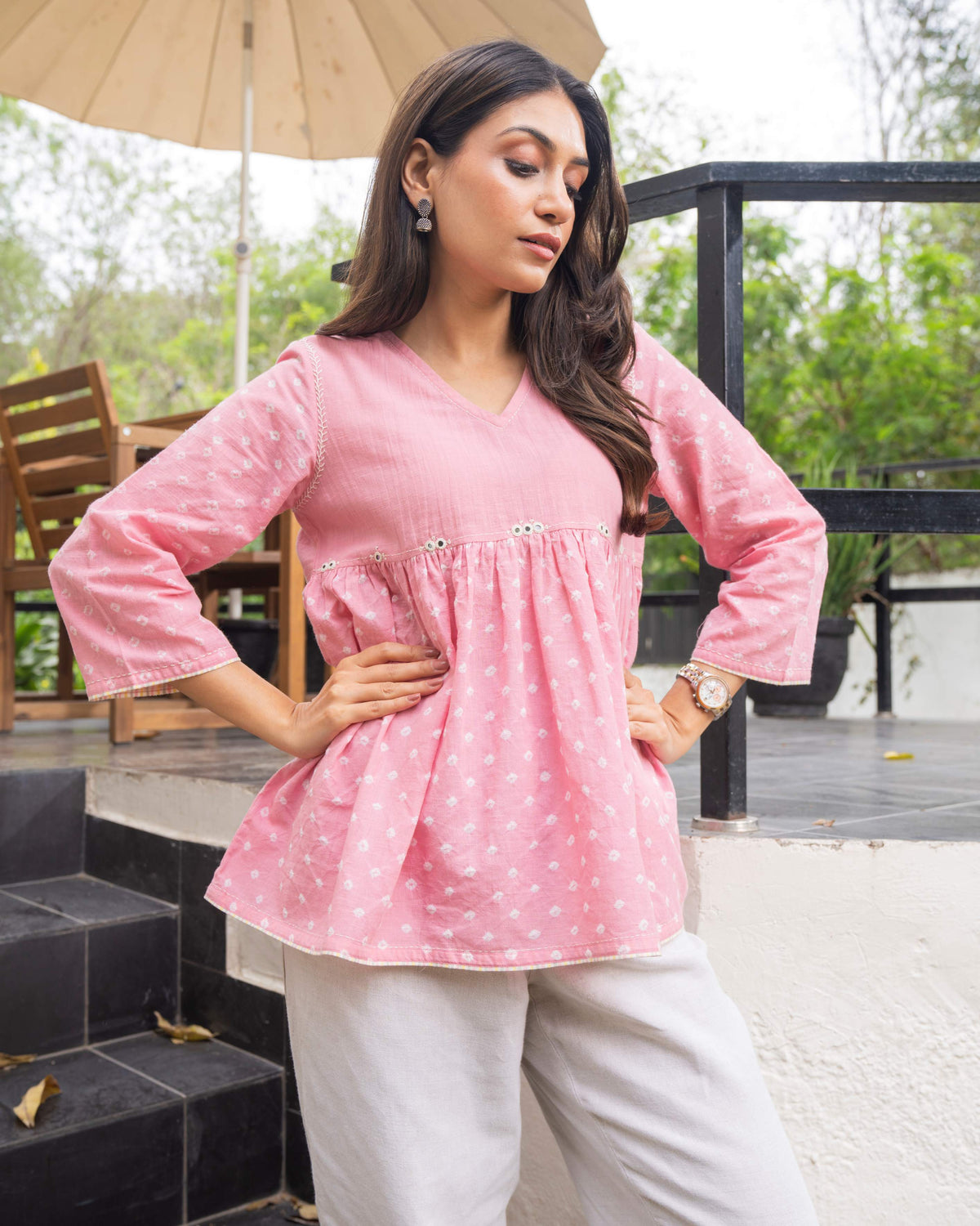 Suhani Pink Flared Cotton Top With Bandhej Hand Embroidery