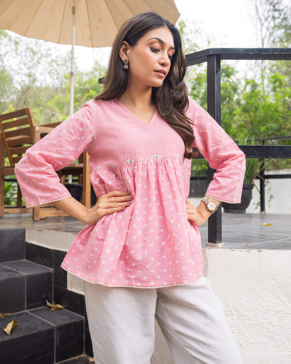 Suhani Pink Flared Cotton Top With Bandhej Hand Embroidery