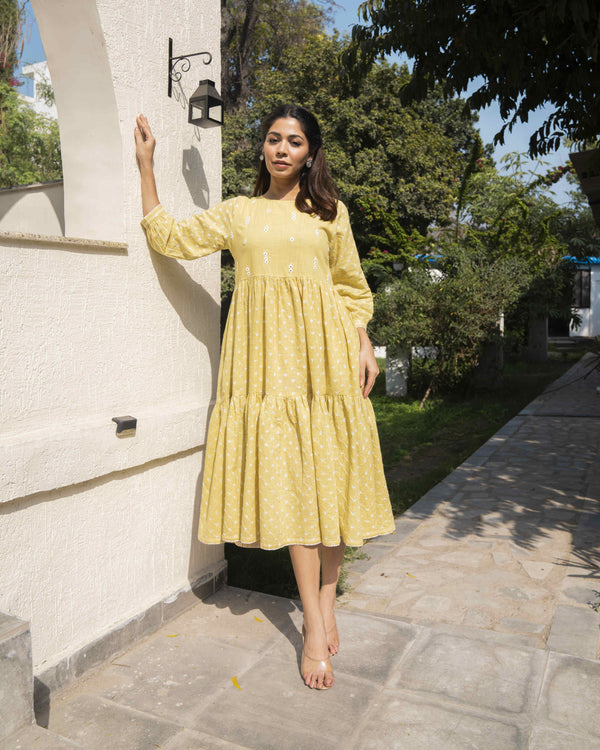 Suhani Yellow Tiered Cotton Dress With Bandhej Hand Embroidery