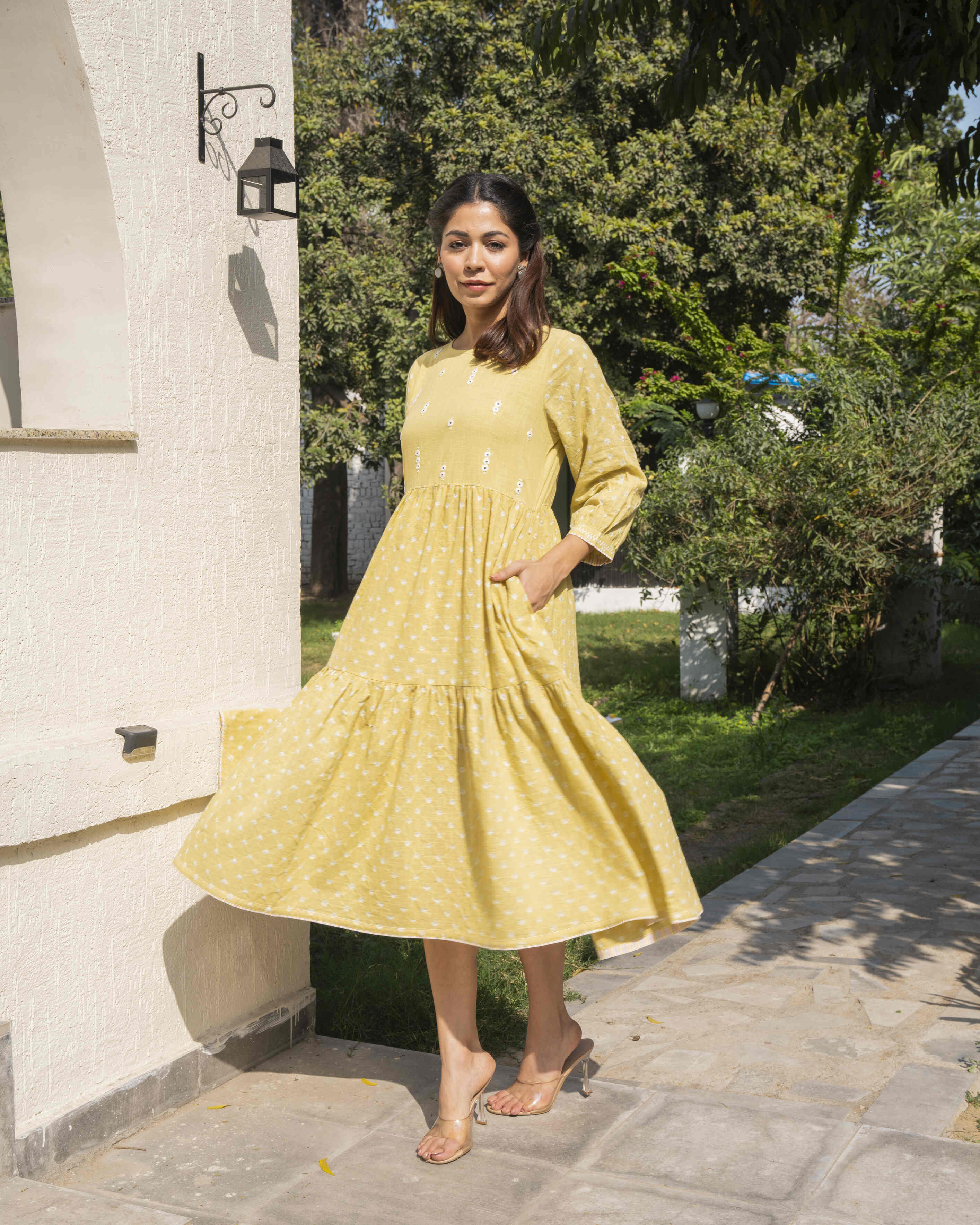 Suhani Yellow Tiered Cotton Dress With Bandhej Hand Embroidery