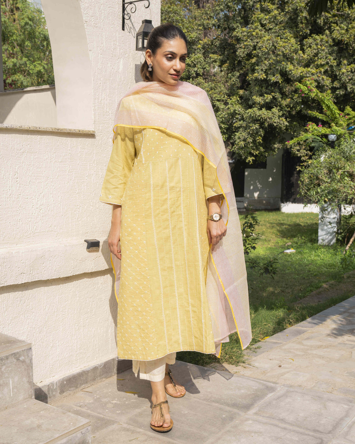 Suhani Yellow A-Line Cotton Kurta With Bandhej Hand Embroidery