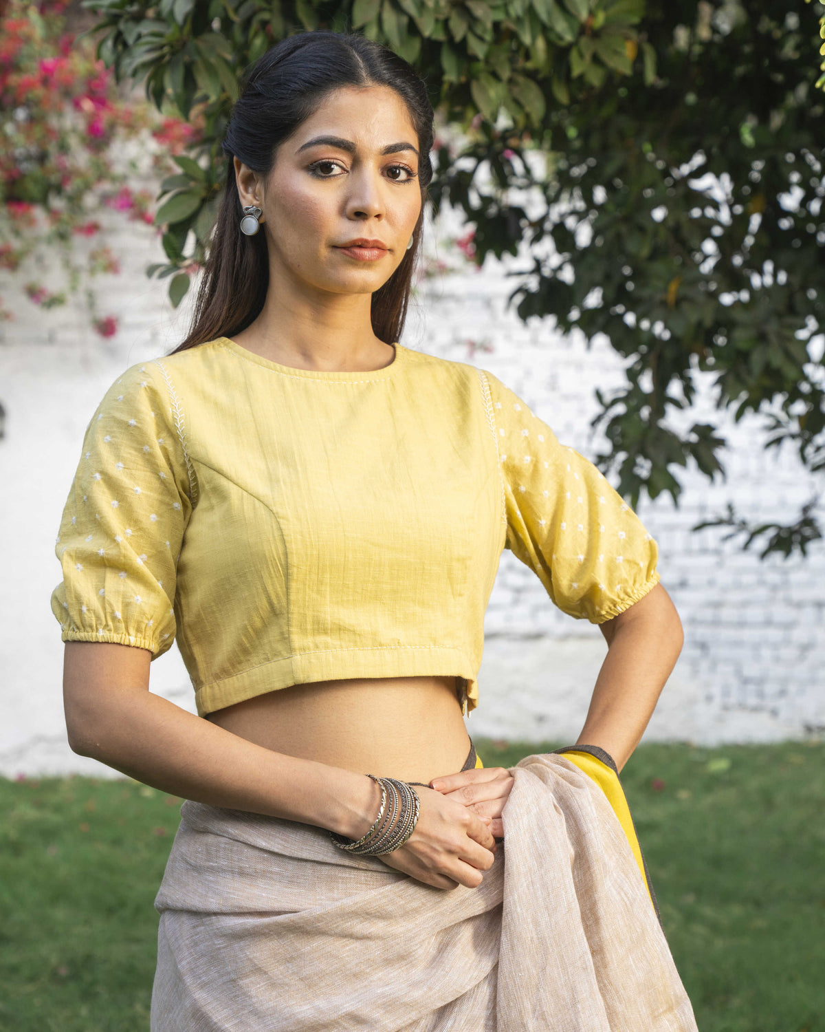 Suhani Yellow Gathered Cotton Blouse With Bandhej Hand Embroidery