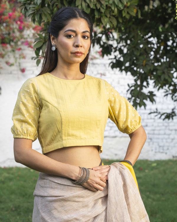 Suhani Yellow Gathered Cotton Blouse With Bandhej Hand Embroidery