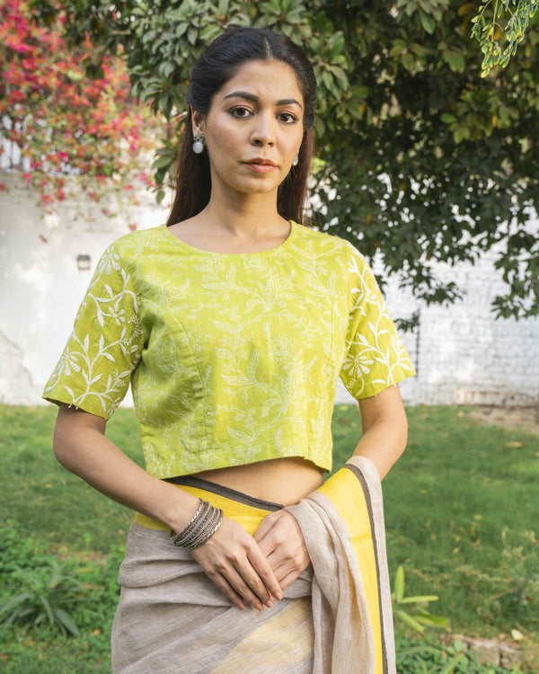 Suhani Lime Princess Cotton Blouse With Chikankari Hand Embroidery